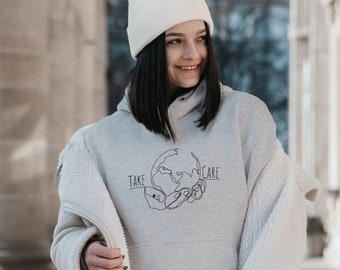 Cuídate Orgánico Sudadera con capucha unisex-Sostenible-Para nuestra Tierra-Impresión digital-Nuestro mundo-Medio ambiente-Sostenible-Regalo-Moda lenta-Orgánico