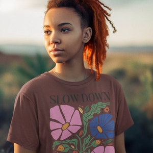 Slow down unisex t-shirt 100% organic cotton with regular fit flower digital print statement graphic t-shirt for men and women Kaffa Coffee