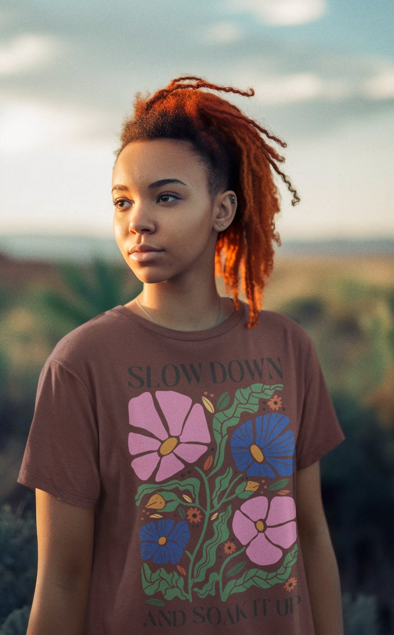 Slow down unisex t-shirt 100% organic cotton with regular fit flower digital print statement graphic t-shirt for men and women Kaffa Coffee