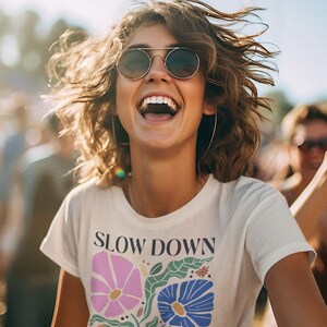 Slow down unisex t-shirt 100% organic cotton with regular fit flower digital print statement graphic t-shirt for men and women image 2