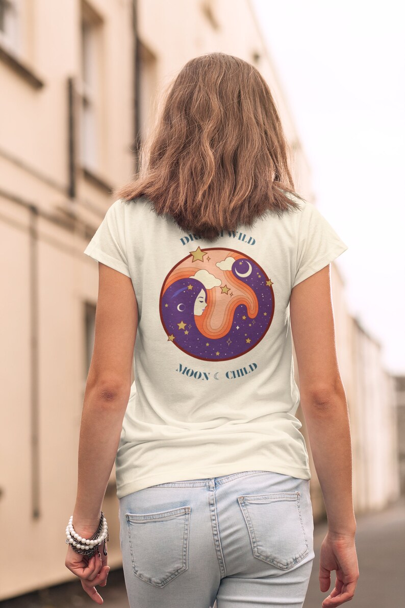 Moon Damen Shirt 100% Bio Baumwolle Taillierte Passform Organic Fem T-Shirt Dream Wild Moon Child Digital Druck Nachhaltig immagine 2