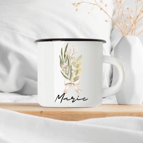 Mug en émail fleuri-personnalisable-imprimé des deux côtés-aquarelle-beige-fleurs-floral-cadeau-avec nom-mug-extérieur-durable-ruban