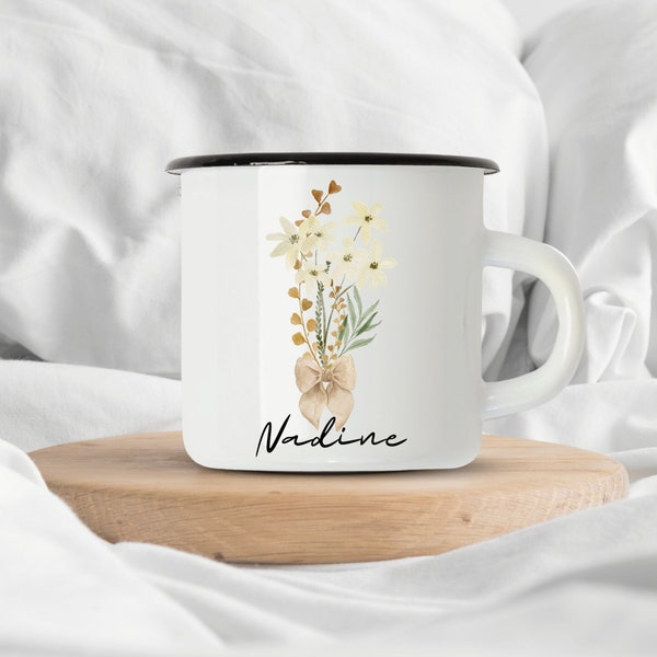 Mug en émail fleuri-personnalisable-imprimé des deux côtés-aquarelle-beige-fleurs-floral-cadeau-avec nom-mug-extérieur-durable-ruban