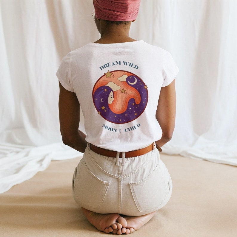 Moon Damen Shirt 100% Bio Baumwolle Taillierte Passform Organic Fem T-Shirt Dream Wild Moon Child Digital Druck Nachhaltig White