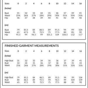 May include: A chart showing body measurements in inches and centimeters for sizes 0 through 16. The chart includes measurements for bust, waist, and hip.