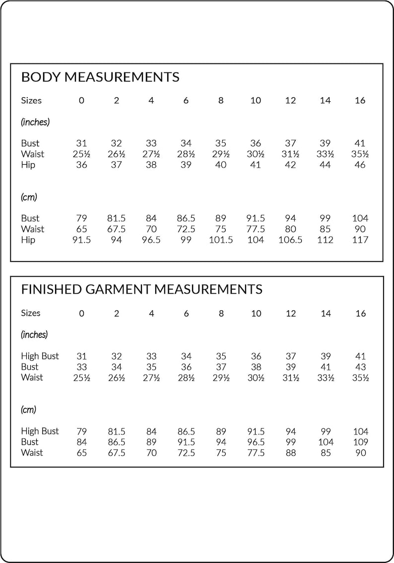May include: A chart showing body measurements in inches and centimeters for sizes 0 through 16. The chart includes measurements for bust, waist, and hip.