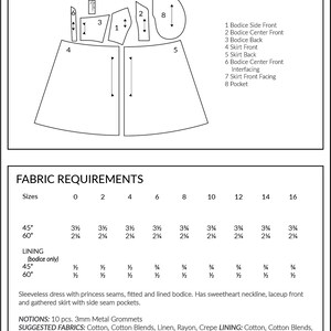 May include: A sewing pattern for a sleeveless dress with princess seams, fitted and lined bodice. The pattern includes 8 pieces: bodice side front, bodice center front, bodice back, skirt front, skirt back, bodice center front interfacing, skirt front facing, and pocket. The pattern includes fabric requirements for sizes 0-16 in 45" and 60" fabrics. The pattern also includes fabric requirements for lining in 45" and 60" fabrics. The pattern includes notions: 10 pcs. 3mm metal grommets. Suggested fabrics: cotton, cotton blends, linen, rayon, crepe. Lining: cotton, cotton blends. Interfacing: lightweight fusible.