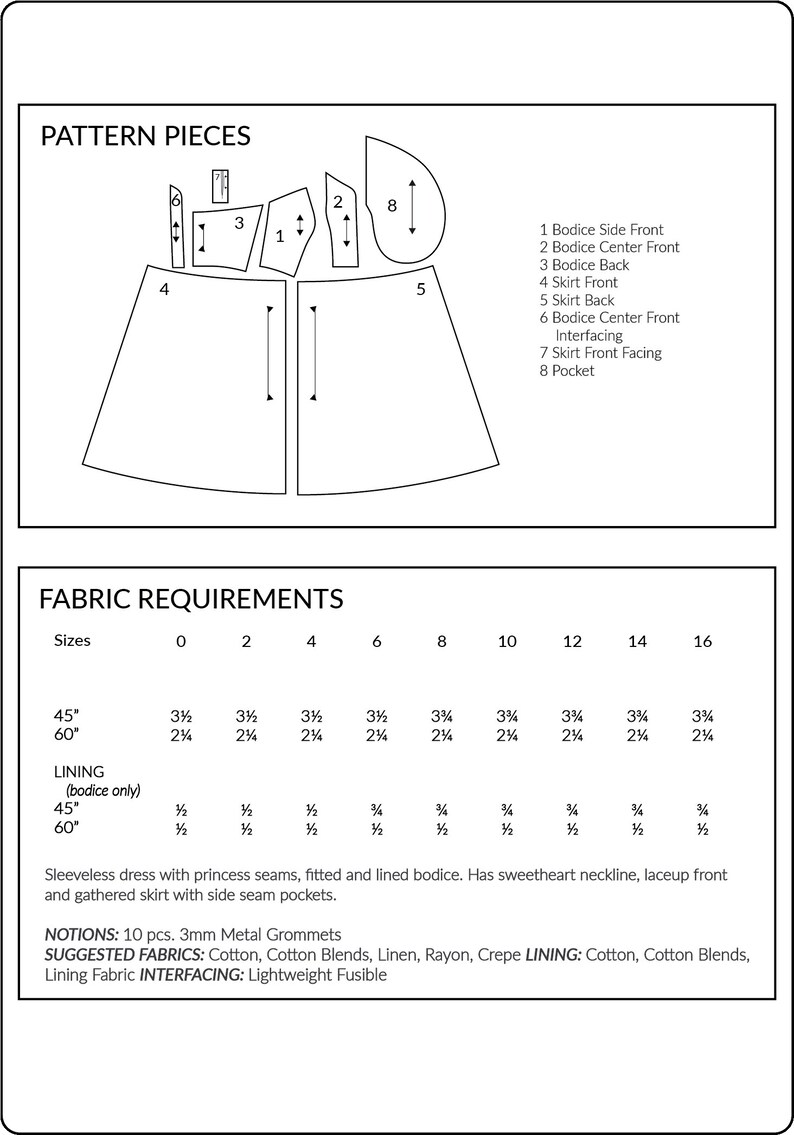 May include: A sewing pattern for a sleeveless dress with princess seams, fitted and lined bodice. The pattern includes 8 pieces: bodice side front, bodice center front, bodice back, skirt front, skirt back, bodice center front interfacing, skirt front facing, and pocket. The pattern includes fabric requirements for sizes 0-16 in 45" and 60" fabrics. The pattern also includes fabric requirements for lining in 45" and 60" fabrics. The pattern includes notions: 10 pcs. 3mm metal grommets. Suggested fabrics: cotton, cotton blends, linen, rayon, crepe. Lining: cotton, cotton blends. Interfacing: lightweight fusible.