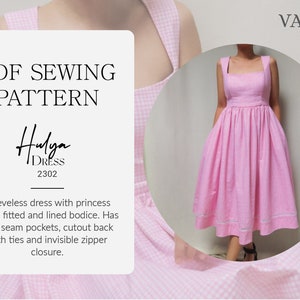 May include: A pink and white gingham sleeveless dress with a princess seam, fitted bodice, and a full skirt. The dress has a cutout back with ties and an invisible zipper closure. The image also includes text that says "PDF Sewing Pattern" and "Hulga Dress 2302".