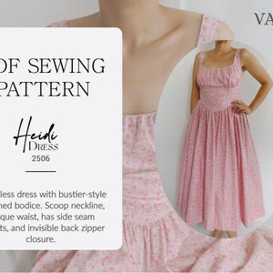 May include: PDF sewing pattern for a sleeveless dress with a bustier-style bodice, scoop neckline, basque waist, side seam pockets, and invisible back zipper closure. The dress is pink with a floral print. The pattern is called "Heidi Dress 2506".