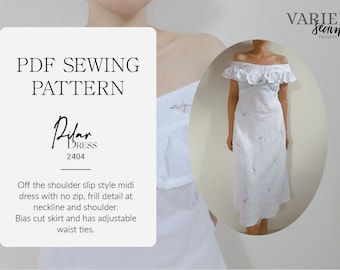 Off Shoulder Slip Dress Sewing Pattern: Midi Length, Waist-Tie (PDF Pattern)