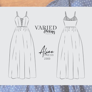 May include: Line drawing of a dress pattern called "Alice Dress 2303" from "Varied Seams Patterns". The dress has a fitted bodice with a lace-up detail and a flowing skirt.
