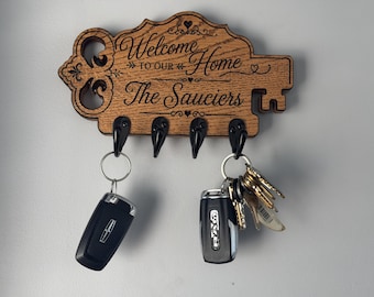 Personalized Red Oak Key Holder, Custom Family Name, Welcome Home Sign