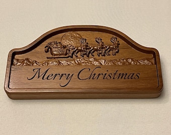 Letrero navideño de madera tallada en 3D "El trineo de Papá Noel sobre las montañas" – Decoración navideña independiente para la chimenea