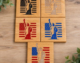 Posavasos de madera de la Estatua de la Libertad – Posavasos patrióticos de roble rojo con incrustaciones de resina epoxi
