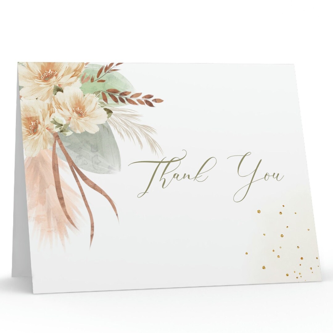 Thank You Card Boho Pampas Floral Elegant Thank You Cards Set of 8, 16 ...