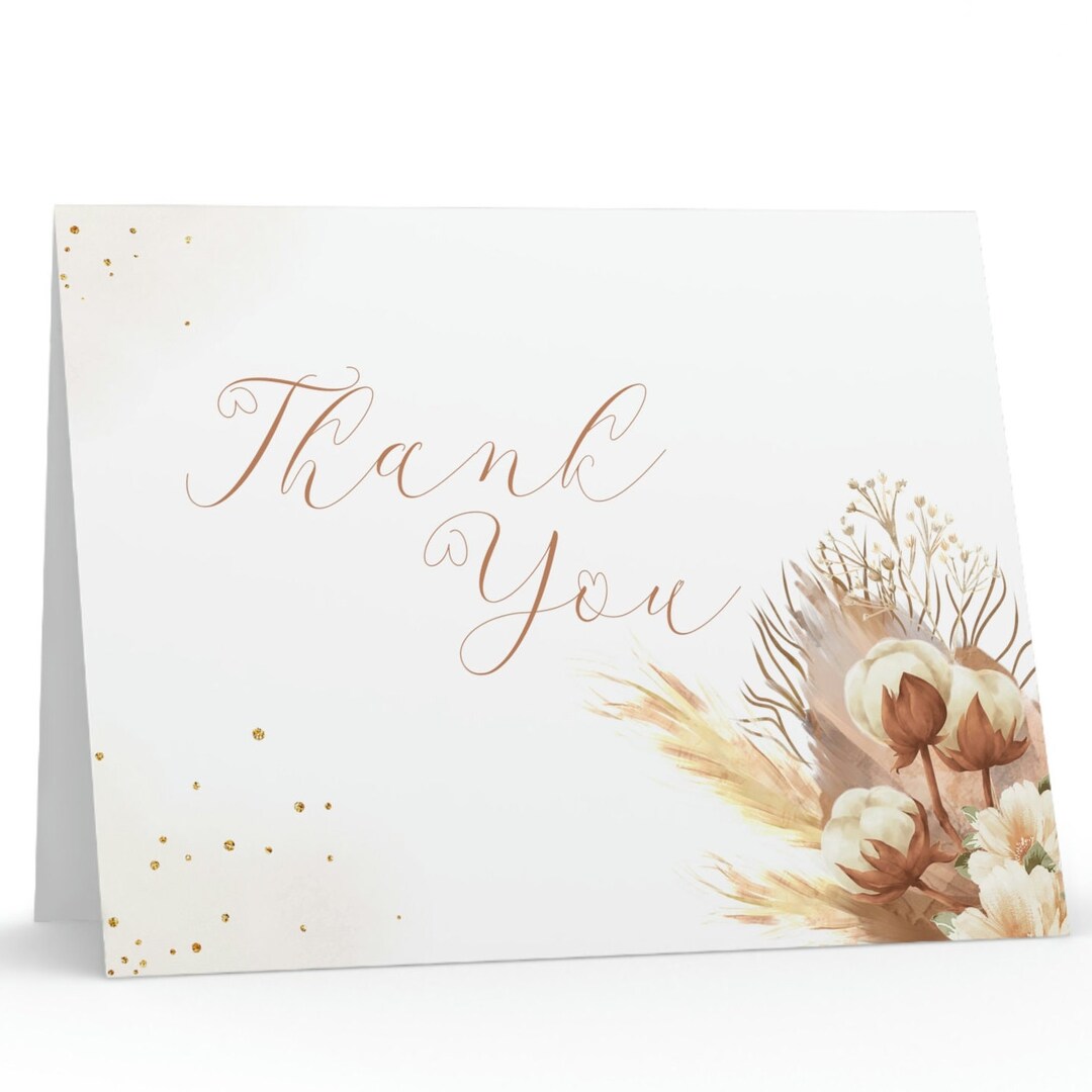 Thank You Card Boho Floral Pampas Minimalist Thank You Cards Set of 8 ...