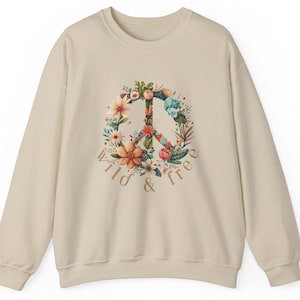 Peace Zeichen Sweatshirt, Hippie Peace Zeichen Pullover, Floral Peace Zeichen Unisex Heavy Blend ™ Wild and Free Crewneck Sweatshirt