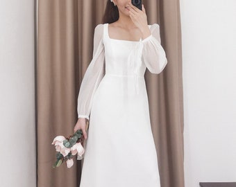 Long sleeve wedding dress / unique wedding dress / celestial wedding dress / Modest Wedding Dress/ Square neck Wedding Dress / D157621