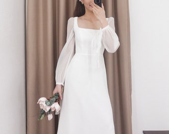 Vestido de novia de manga larga / Vestidos minimalistas / Vestido vintage / Vestido de novia modesto / Vestido de novia de escote cuadrado / D157621