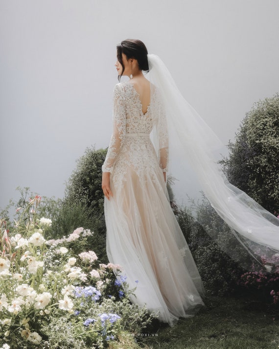 lace wedding dress with sheer sleeves Elegant Sheer Long Sleeves Illusion Neck A-Line Wedding Gown HAREM's Brides