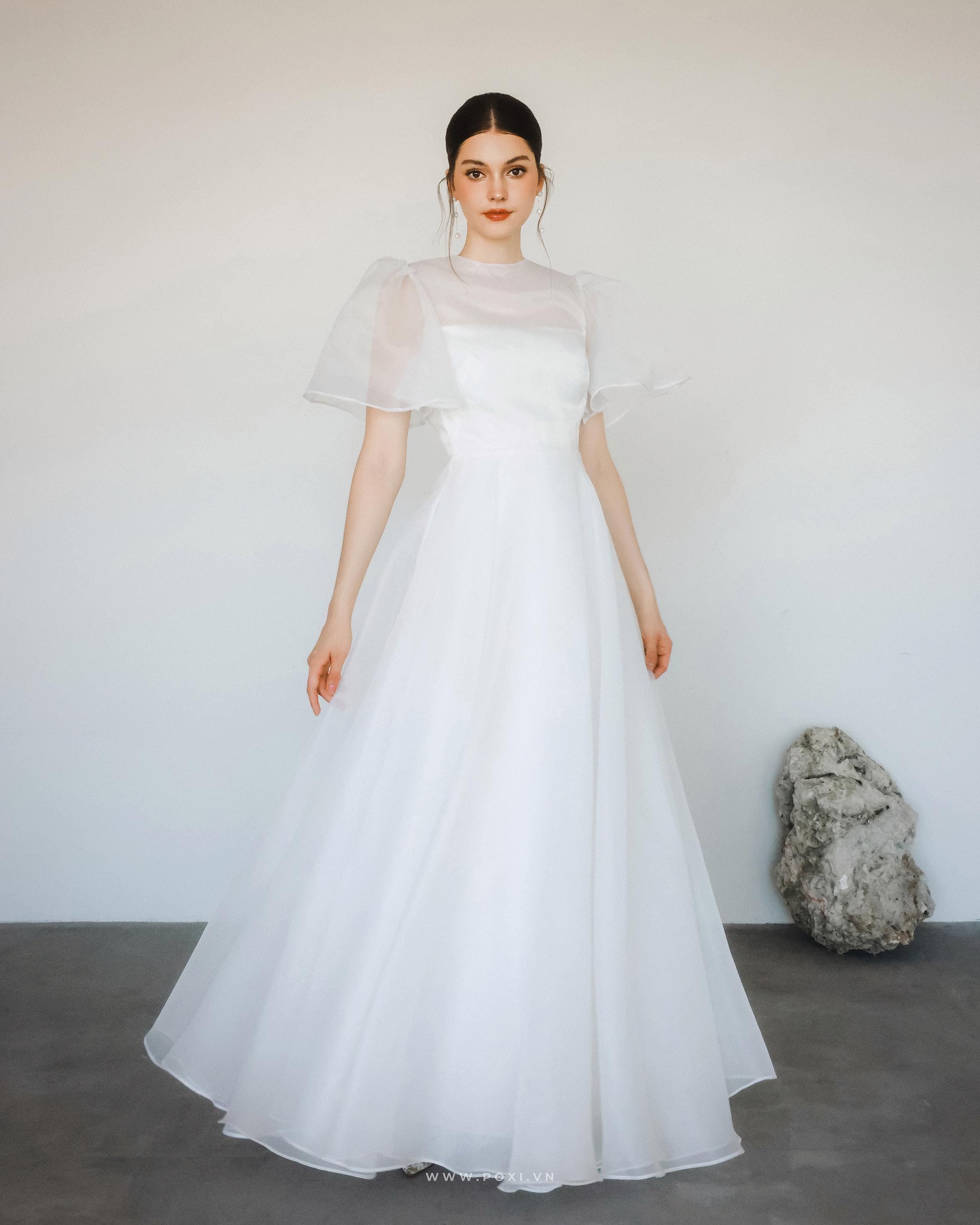 navy blue dress for baby girl Elegant Off-the-Shoulder Organza A-Line Wedding Dress Sunset – Wedding Roof