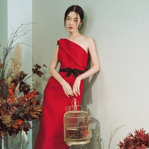 Elegant one-shoulder party dress/ Modest prom dress/ Fairy prom dress/ Party red dress/ D173822B