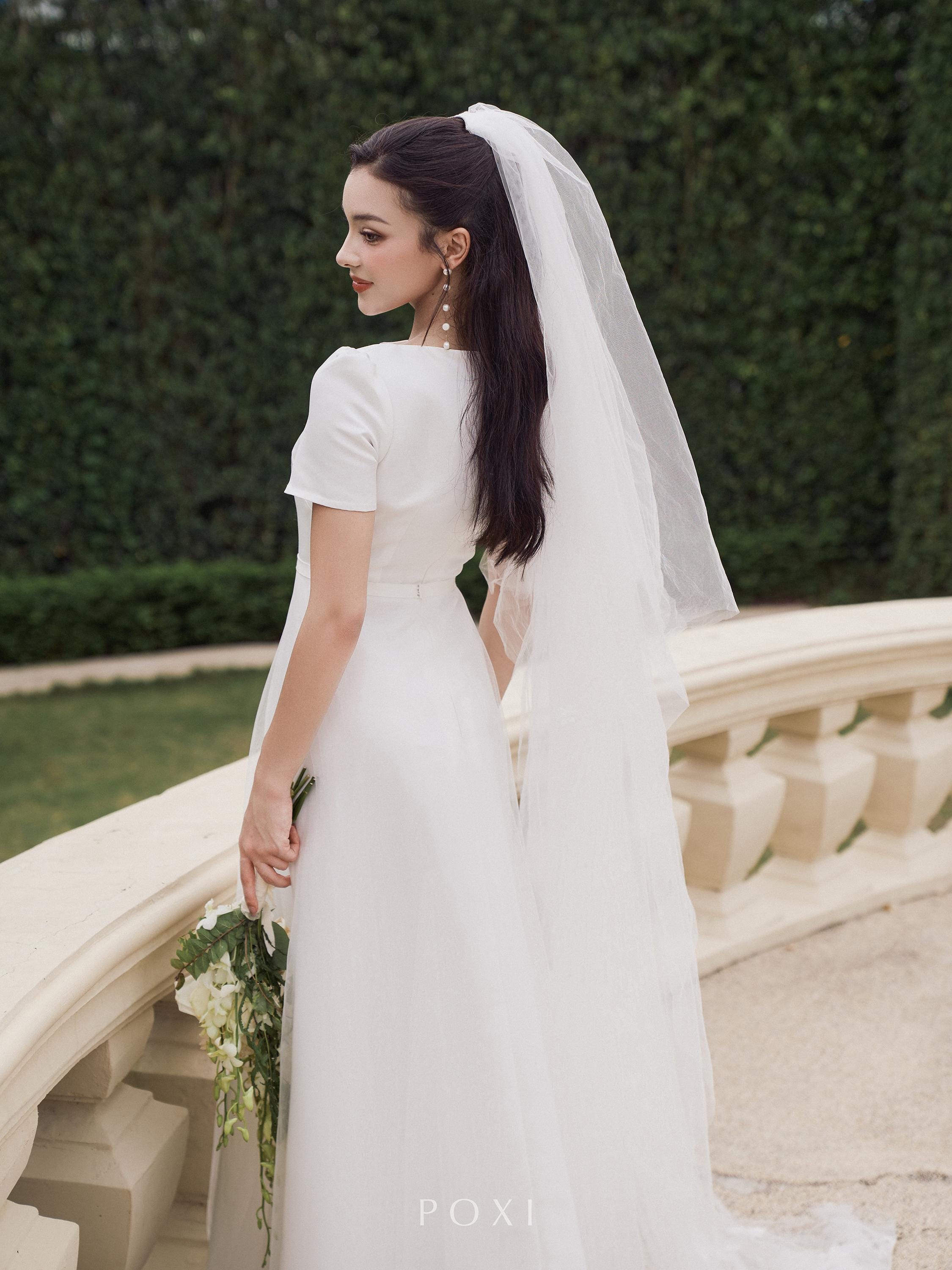 a line above knee dress Off-the-Shoulder A-Line Satin Wedding Dress Simple Boat Neck Bridal Go   Elsi John
