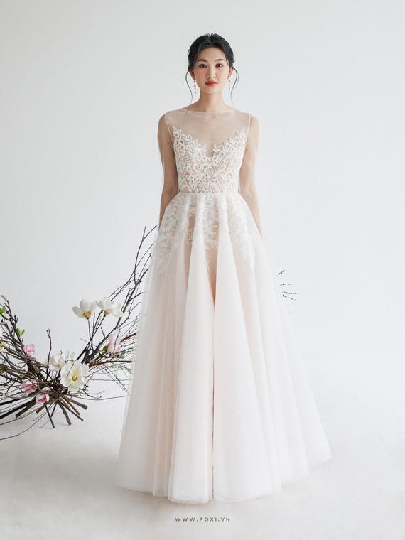 Made to Order: Long Sleeve Lace Wedding Dress - Flare Skirt - D1800 Made to Order: Long Sleeve Lace Wedding Dress - Flare Skirt - D1800