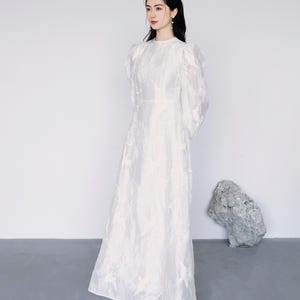 The embroidered semi-sheer wedding dress/ Unique wedding dress/ Minimalist wedding dress/ Simple dress / D197425