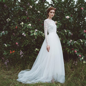 MADE TO ORDER /Long sleeve wedding dress / unique wedding dress / star wedding dress / celestial dress / Flare wedding dress  / D151020