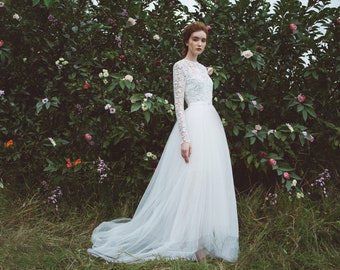 MADE TO ORDER /Long sleeve wedding dress / unique wedding dress / star wedding dress / celestial dress / Flare wedding dress  / D151020