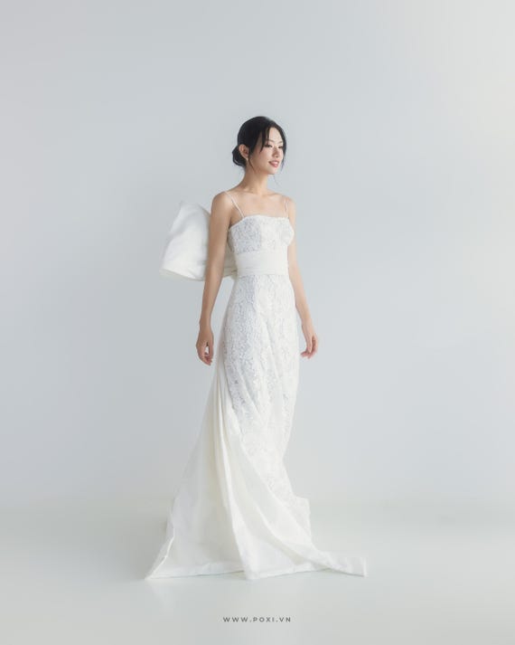 MADE TO ORDER Lace Wedding Dress: Bow Back Celestial Bridal Gown - D1891 MADE TO ORDER Lace Wedding Dress: Bow Back Celestial Bridal Gown - D1891