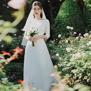 Boat neck wedding dress / Unique wedding dress /   Minimalist dresses / Vintage dress / Modest Wedding Dress / D159021