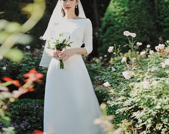 Boat neck wedding dress / Unique wedding dress /   Minimalist dresses / Vintage dress / Modest Wedding Dress / D159021