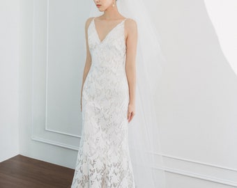 Unique wedding dress with V neck / Lace wedding dress / Unique wedding dress / Star wedding dress  /  petite dresses  / D173023