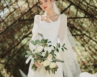 Square Neck Puff Sleeve Crepe Wedding Dress, Minimalist A-Line Bridal Gown