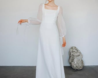 Vestido de novia de manga larga / Vestido de novia modesto / Vestido de novia de escote cuadrado / Vestidos minimalistas / Vestido de novia bohemio / D157621