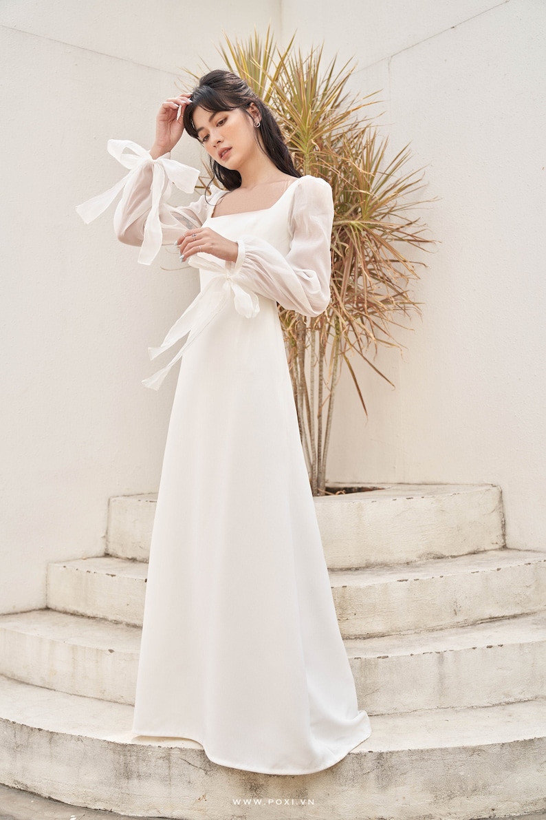 Long sleeve wedding dress / unique wedding dress / celestial wedding dress / Modest Wedding Dress/ Square neck Wedding Dress / D157621 image 3