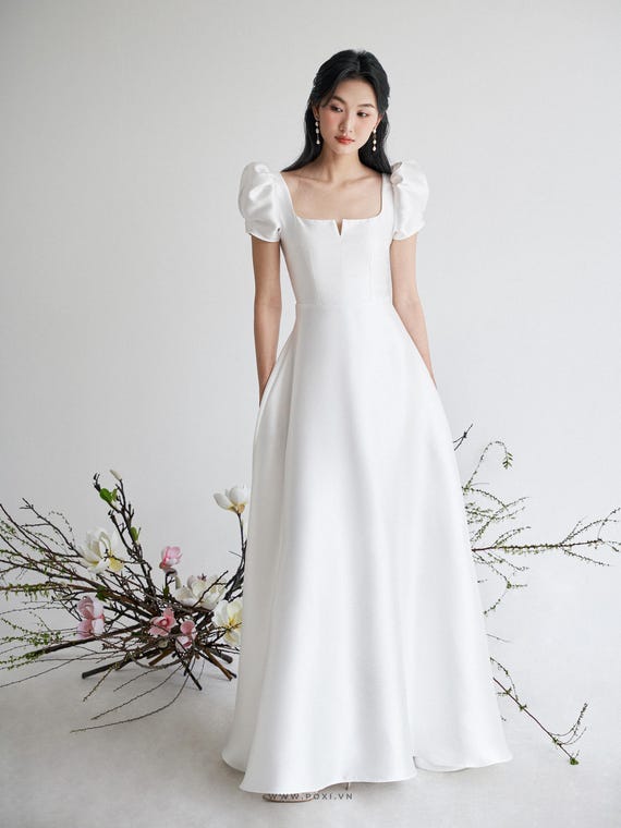 Lace Wedding Dress, Square Neck Short Sleeve A-Line Bridal Gown, Custom Made to Order - D1920 Lace Wedding Dress, Square Neck Short Sleeve A-Line Bridal Gown, Custom Made to Order - D1920