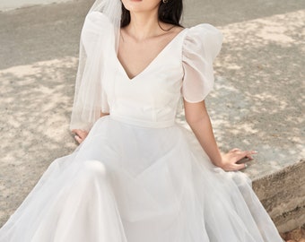 V Neck Wedding Dress, Puff Sleeve Ball Gown, Minimalist Crepe, Detachable Belt