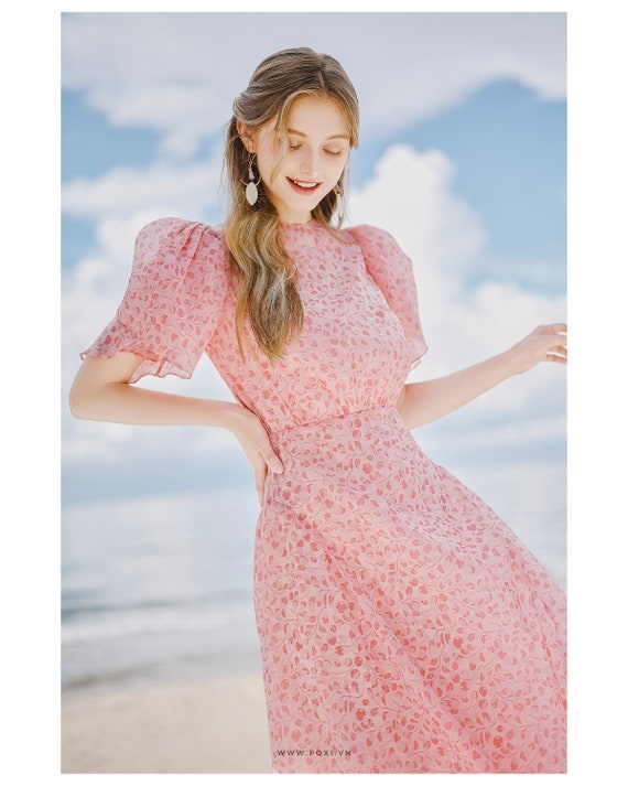Floral Printed Flying Dress Modest Prom Dress Floral Midi Dress Pink Vintage Dress D160821 Etsy