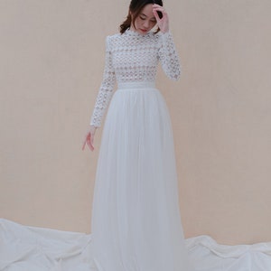 Long sleeve wedding dress / unique wedding dress /  Vintage dress/ Minimalist dresses / Flare wedding dress  / D170022