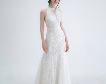 Mermaid wedding dress / Guipure lace bridal with bow mesh / Modest wedding dress / D135320B