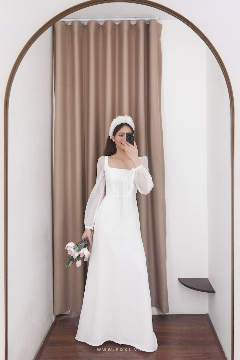 Long sleeve wedding dress / unique wedding dress / celestial wedding dress / Modest Wedding Dress/ Square neck Wedding Dress / D157621 image 1