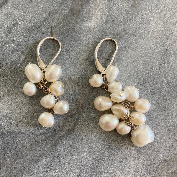 VINTAGE Asymmetrical Sterling Silver Pearl Cluster Earrings