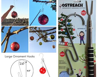 Ostreach Ornament Hanging System - Ornament Hangers, Ornament Hooks, Christmas Hooks, Tree Hooks, Outdoor Hook, No Ladder Needed