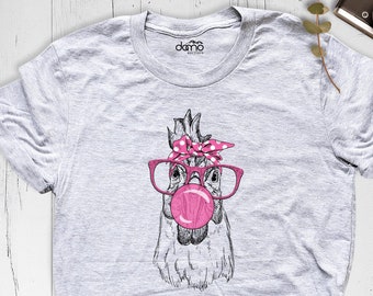 Chicken Bubble Shirt, Funny Chicken Shirt, Chicken Lady Shirt, Chicken With Pink Glasses and Bandana Shirt, Farm Girl Shirt, Women Tee