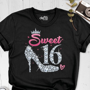 Sweet 16 Birthday Shirt, Queen Sixteen Party Tshirt, Shoes Girls Celebration Tee, Custom Age Outfit, Cute Heart Teenager Birthday Crew Shirt