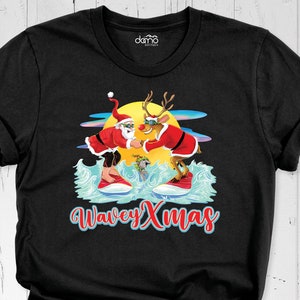 Surfing Santa Claus Christmas Shirt, Wavey Xmas Tshirt, Surfing Reindeer Christmas Shirt, Surfer Santa Tshirt, Tropical Beach Wave Xmas Tee
